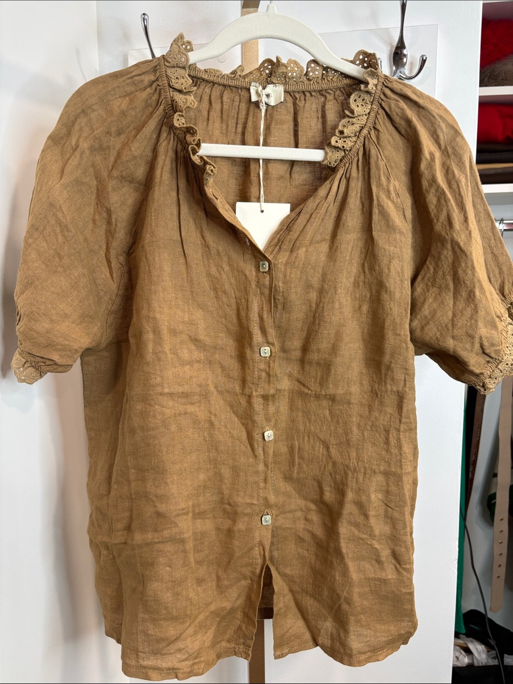 Womens Tan Linen Button-Down Peasant Blouse